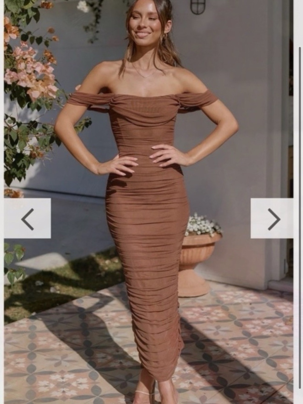 NWT Billy J Off-Shoulder Ruched Midi Dress in Brown